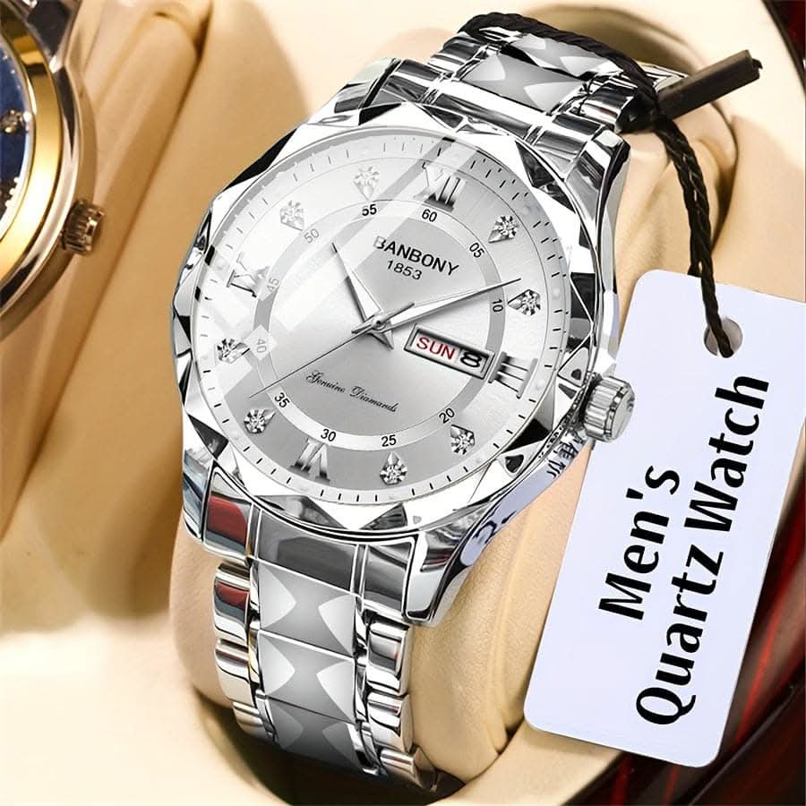Stainless Steel Men's Watch – Roman Numerals, Rhinestones, Luminous Dial
