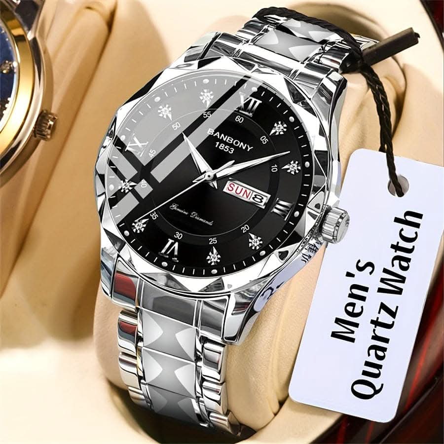 Stainless Steel Men's Watch – Roman Numerals, Rhinestones, Luminous Dial