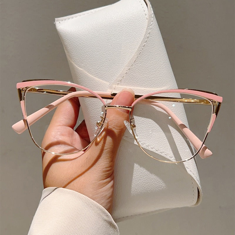 Cross-Border New Spring-Footed Cat-Eye Plain High-End Anti-Blue Light Glasses Metal Frame Business Office Flat Glasses