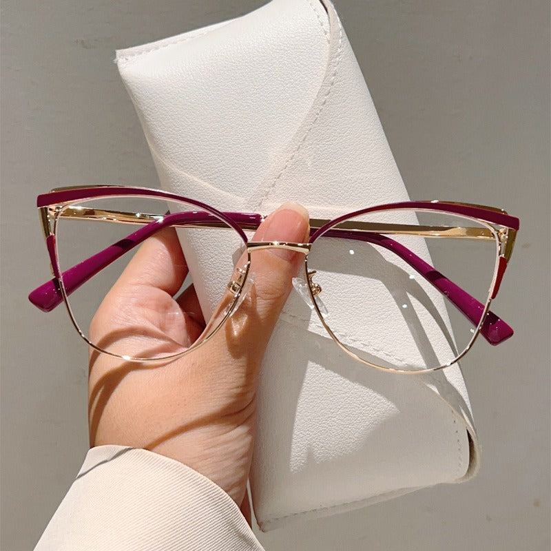 Cross-Border New Spring-Footed Cat-Eye Plain High-End Anti-Blue Light Glasses Metal Frame Business Office Flat Glasses