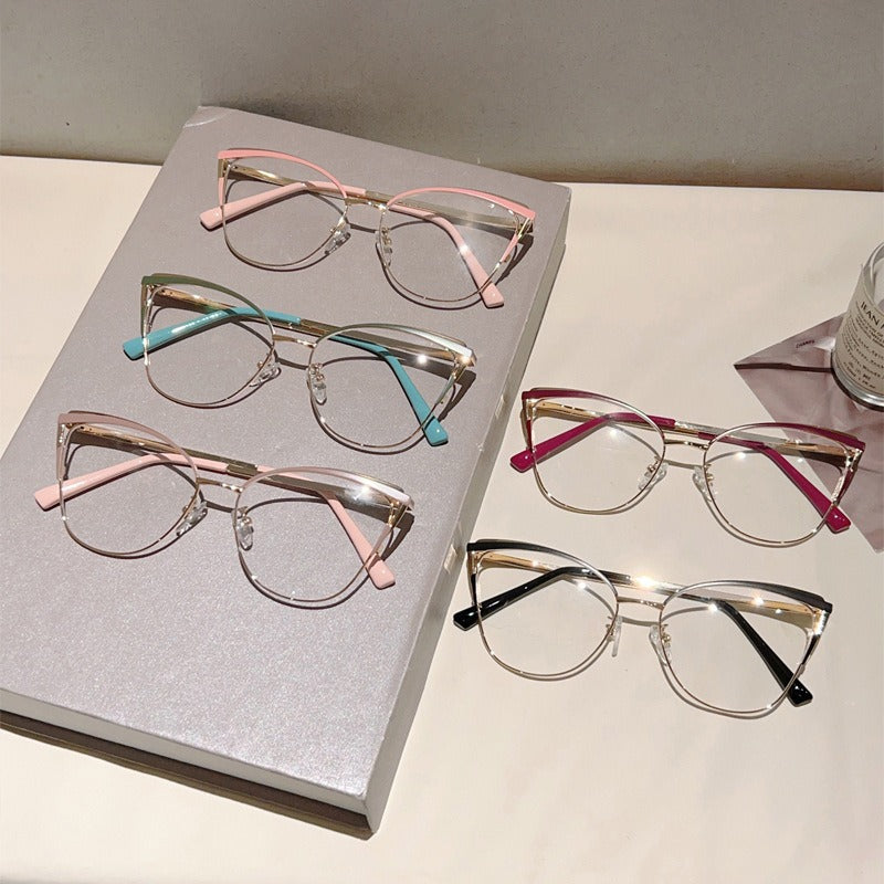 Cross-Border New Spring-Footed Cat-Eye Plain High-End Anti-Blue Light Glasses Metal Frame Business Office Flat Glasses