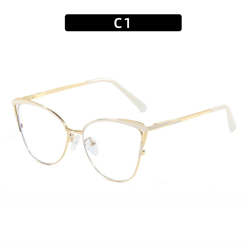 Cross-Border New Spring-Footed Cat-Eye Plain High-End Anti-Blue Light Glasses Metal Frame Business Office Flat Glasses