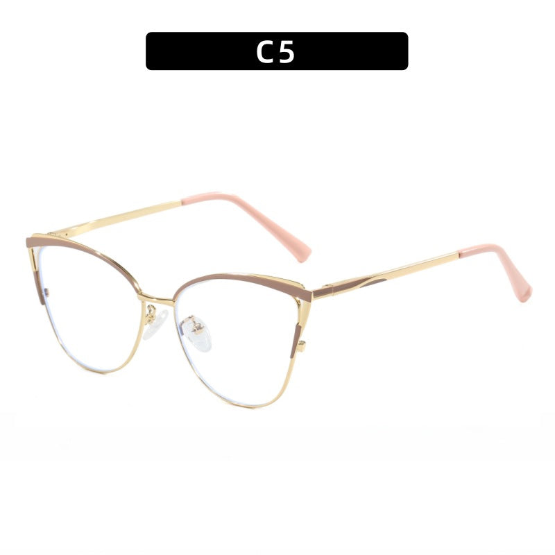 Cross-Border New Spring-Footed Cat-Eye Plain High-End Anti-Blue Light Glasses Metal Frame Business Office Flat Glasses