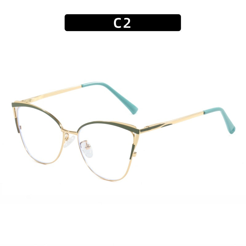 Cross-Border New Spring-Footed Cat-Eye Plain High-End Anti-Blue Light Glasses Metal Frame Business Office Flat Glasses