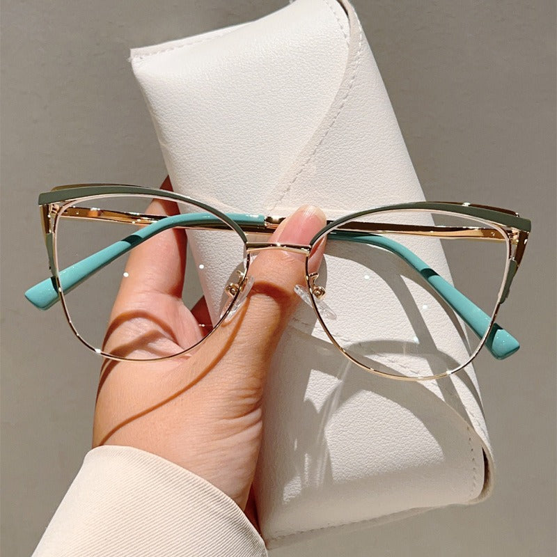 Cross-Border New Spring-Footed Cat-Eye Plain High-End Anti-Blue Light Glasses Metal Frame Business Office Flat Glasses