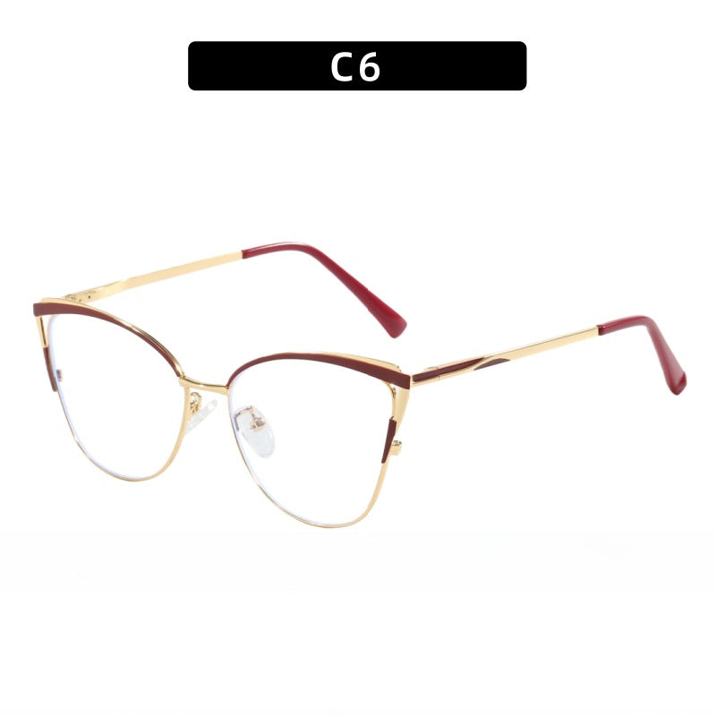Cross-Border New Spring-Footed Cat-Eye Plain High-End Anti-Blue Light Glasses Metal Frame Business Office Flat Glasses