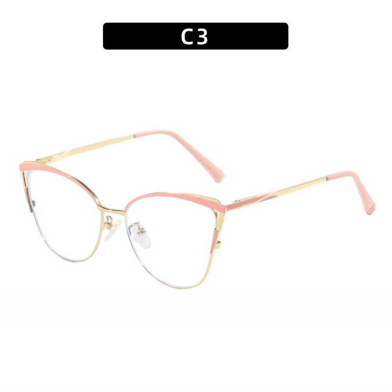 Cross-Border New Spring-Footed Cat-Eye Plain High-End Anti-Blue Light Glasses Metal Frame Business Office Flat Glasses